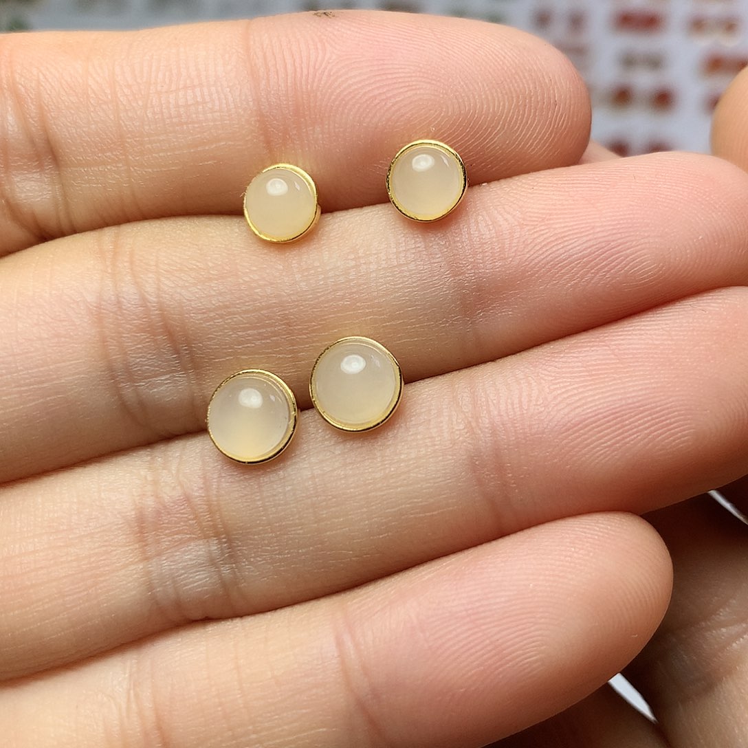银S925镀金镶嵌和田玉（白玉）耳饰