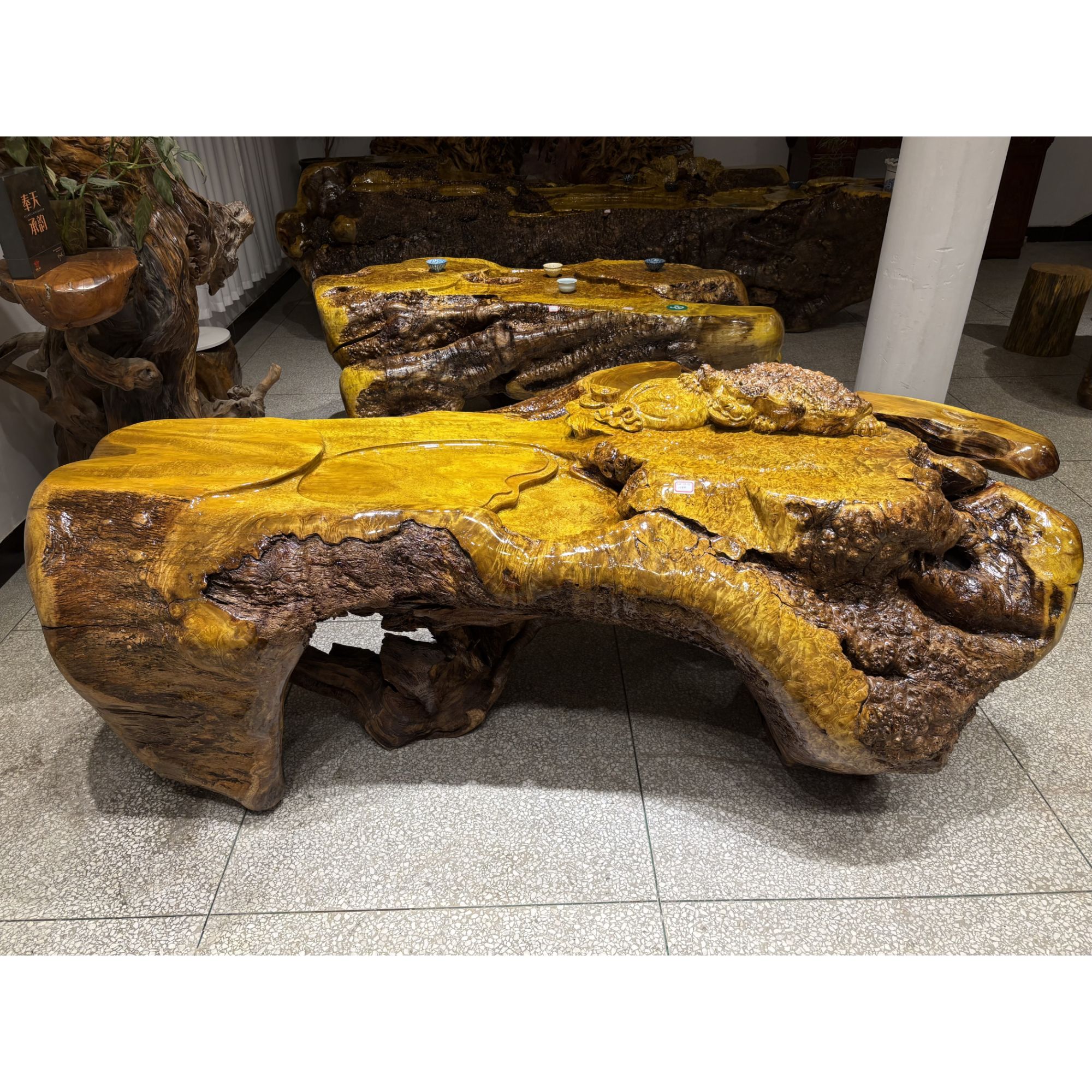 222-113-93 福袋金蟾 黄金樟根雕实木茶桌黄金樟茶台茶海茶几缅甸