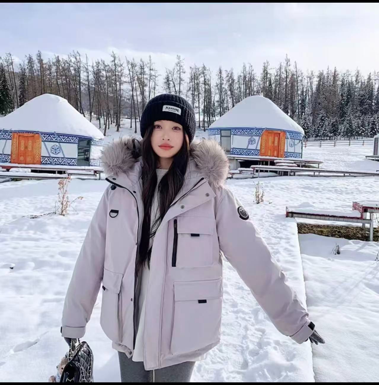 新款浅紫色冰岛保暖羽绒服情侣自留五防面料工装派克服真毛领