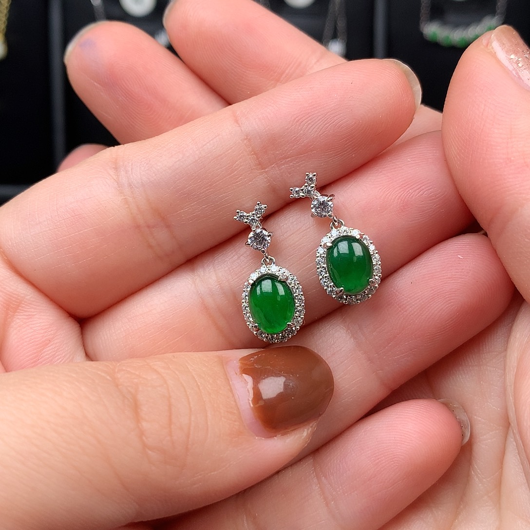 青***草翡翠银S925镶嵌耳饰