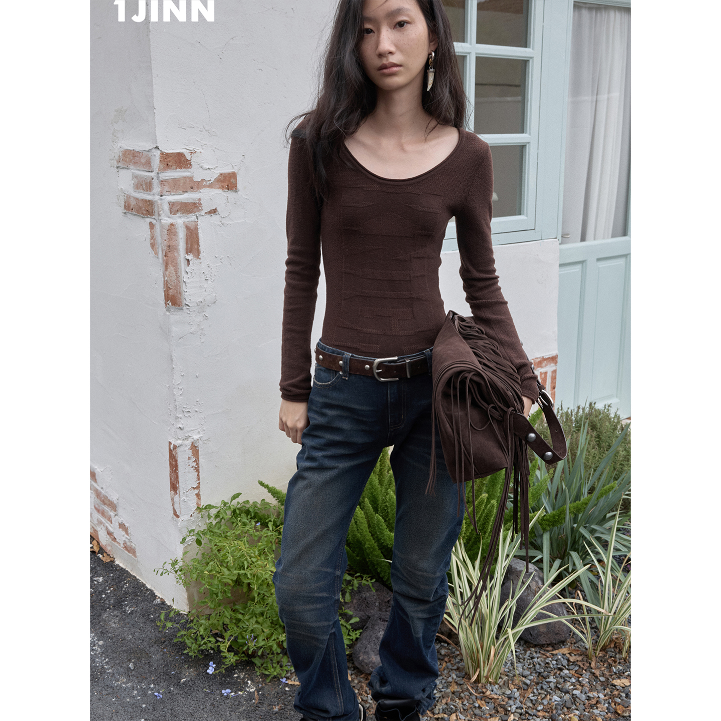 【达人专属】1JINN STUDIO 圆领羊毛提花镂空针织打底