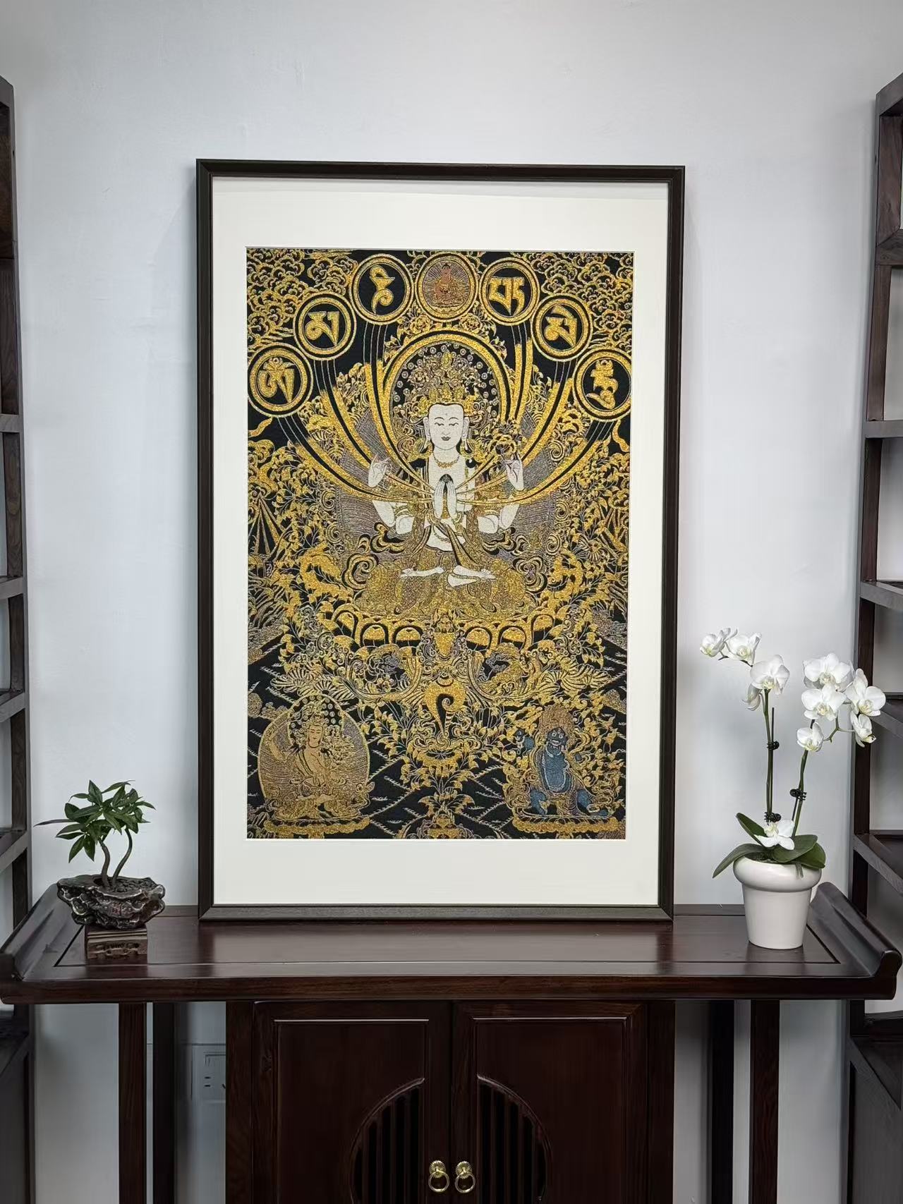 【六字四臂观音】刺绣挂画实木装裱适用于玄关装饰