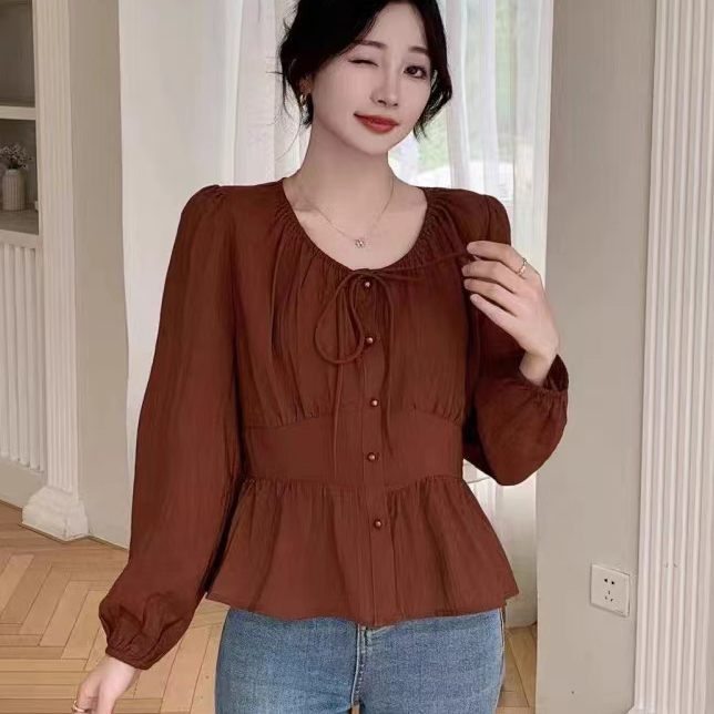 女士收腰系带长袖衬衫春季新款设计感时尚显瘦百搭休闲  24805