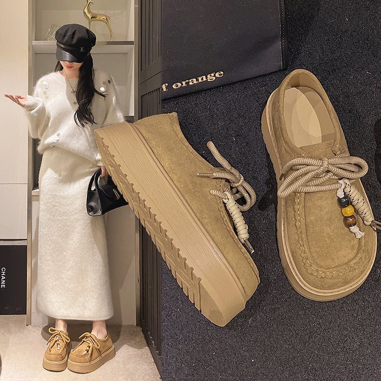 复古厚底袋鼠鞋单鞋女2025新款秋季女款休闲懒人系带乐福鞋勃肯鞋