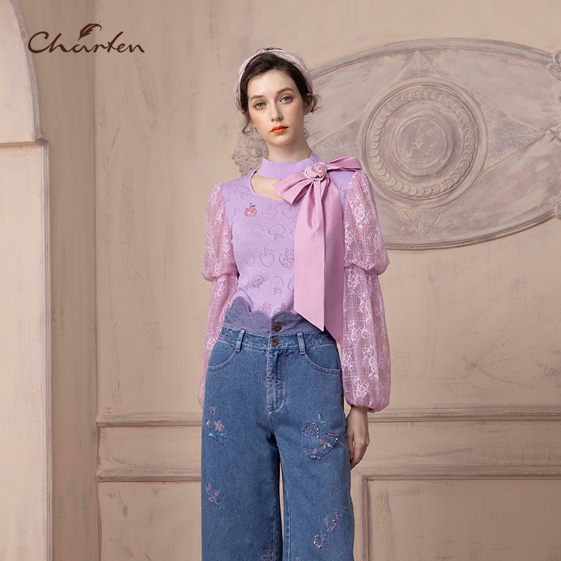 【王王精选】朝峰春季镂空绑带蝴蝶结领口衬衫上衣CFD1B122-1809C