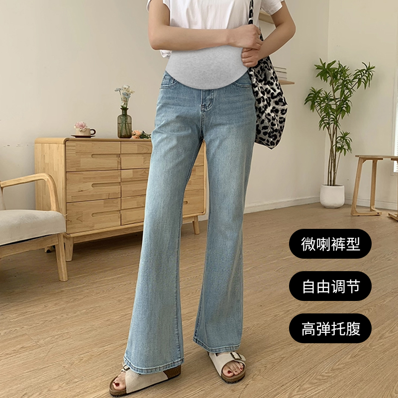 孕妇喇叭裤春秋季新款弹力孕妇牛仔裤小个子托腹裤修身九分微喇裤
