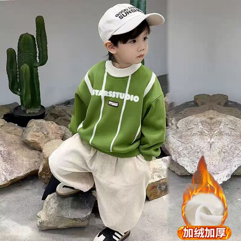 男童加绒卫衣秋冬新款儿童男孩加厚一体绒保暖秋冬款时尚上衣冬装