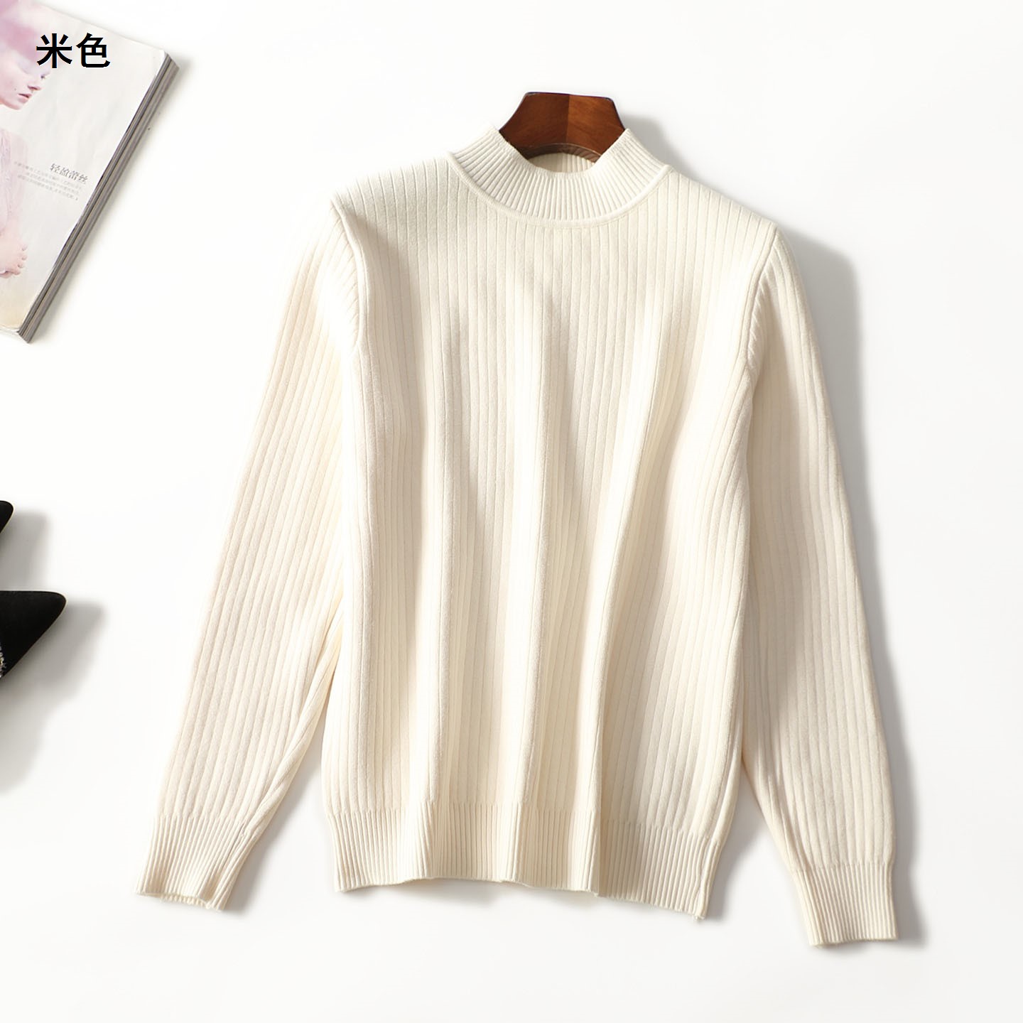 412954冬加绒中长款长袖套头针织衫白色毛衣秋冬