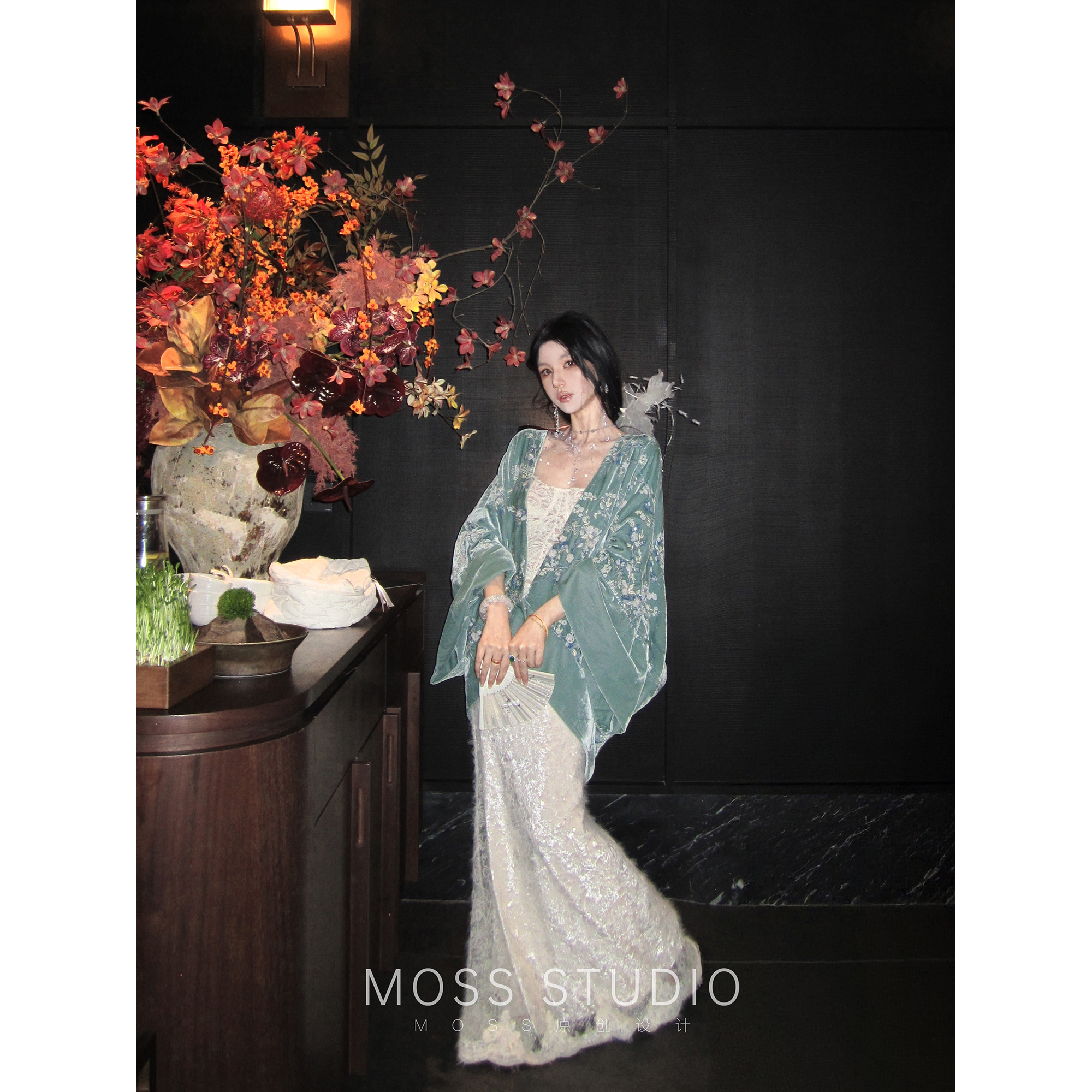 MOSS STUDIO【江南初雪】新中式重工羽毛纱绣花珠片蕾丝丝绒半裙女