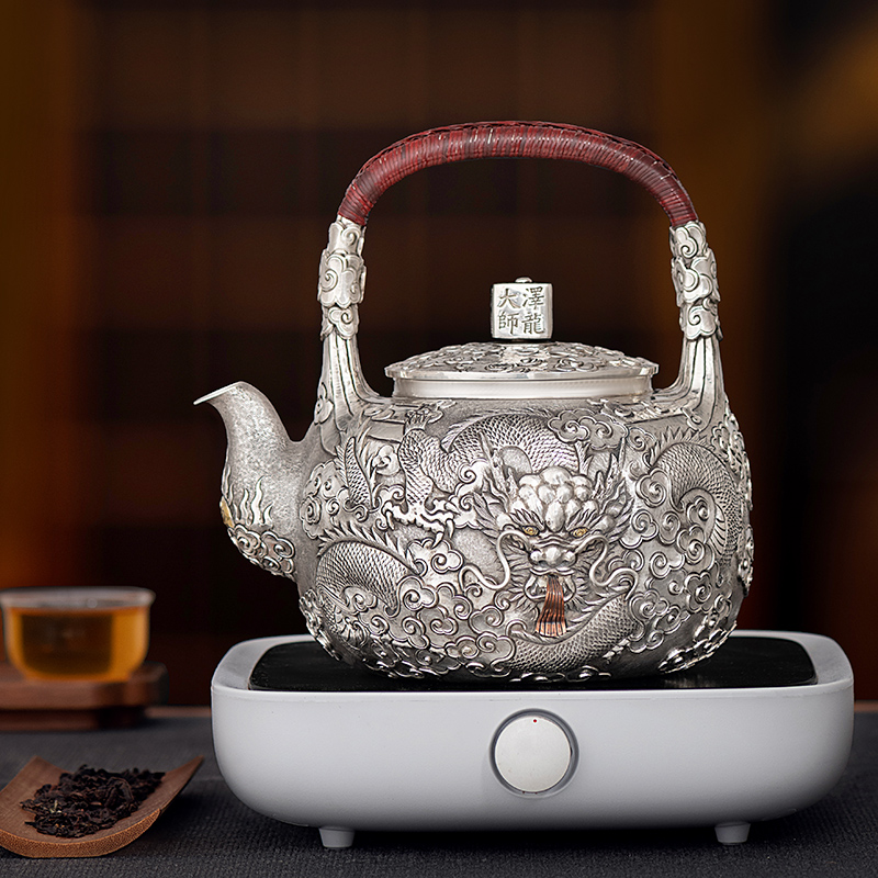 银器时代足银洪泽龙手工飞龙乘云茶壶一张打收藏级银茶壶