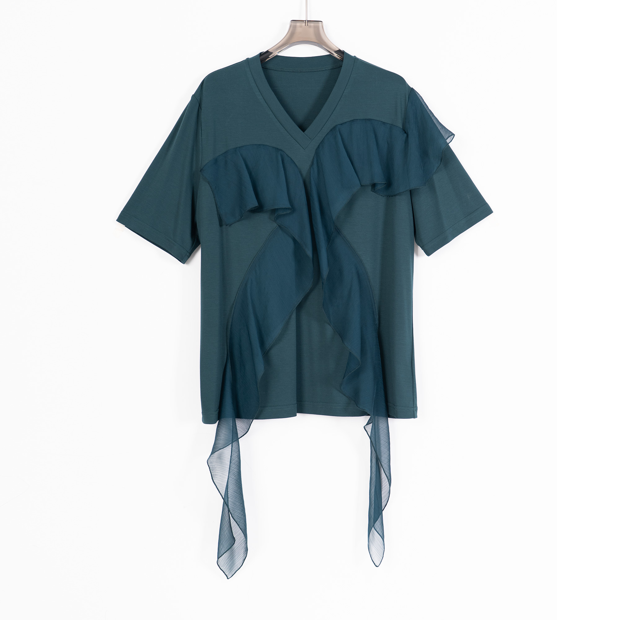 PS250506夏新款小众设计百搭短袖T恤上衣纱拼接荷叶边女士休闲