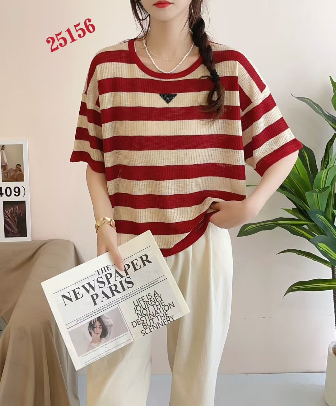 通勤风休闲短袖条纹夏季女装薄款上衣圆领针织衫印花复古