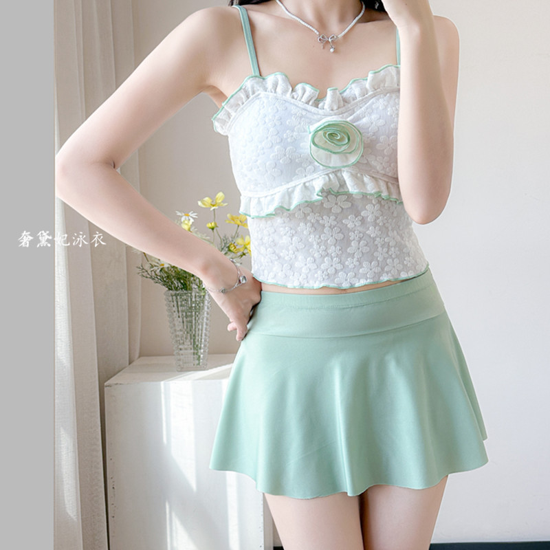 荷叶边糖果系少女分体仙女泳衣女裙式温泉度假遮肉保守时尚泳装新