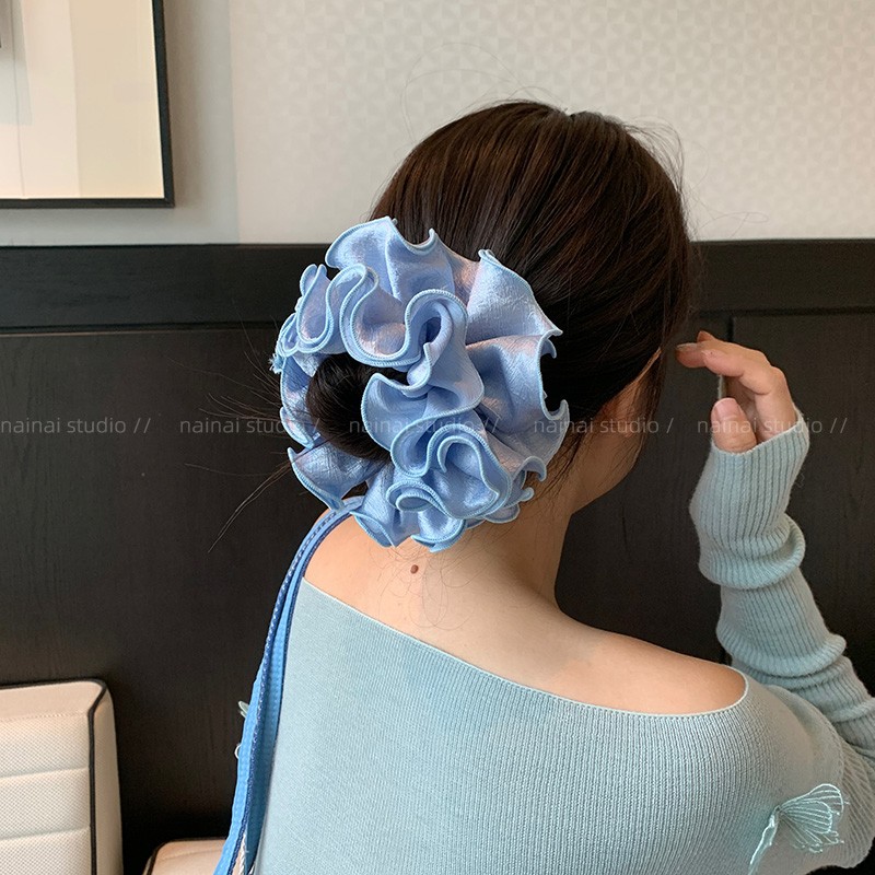 蓝色小花苞大肠发圈褶皱法式温柔缎面四层木耳边发绳丸子头发饰