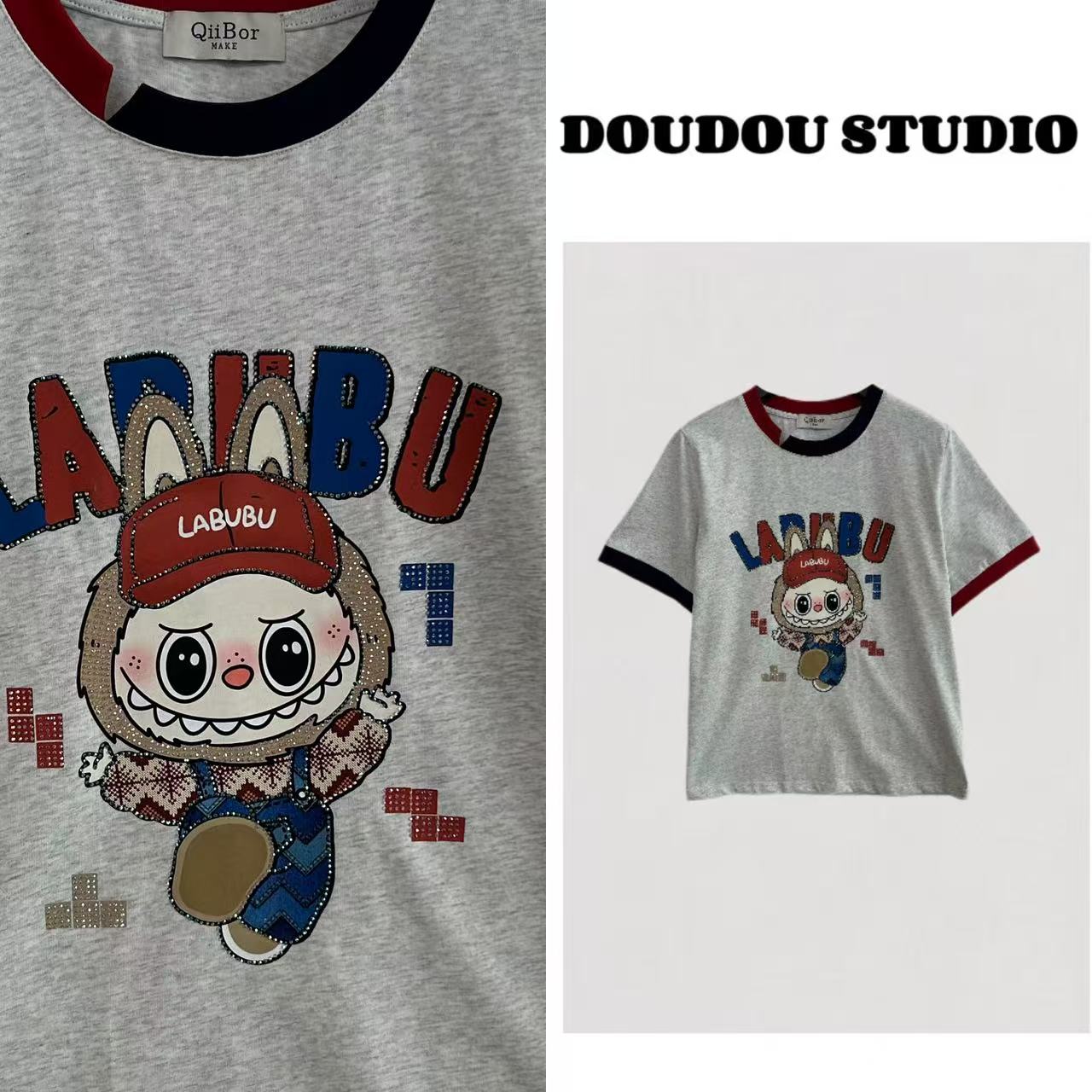 【兜兜】小布布 夏季新款领口撞色潮玩手办系列宽松短袖T恤 210459