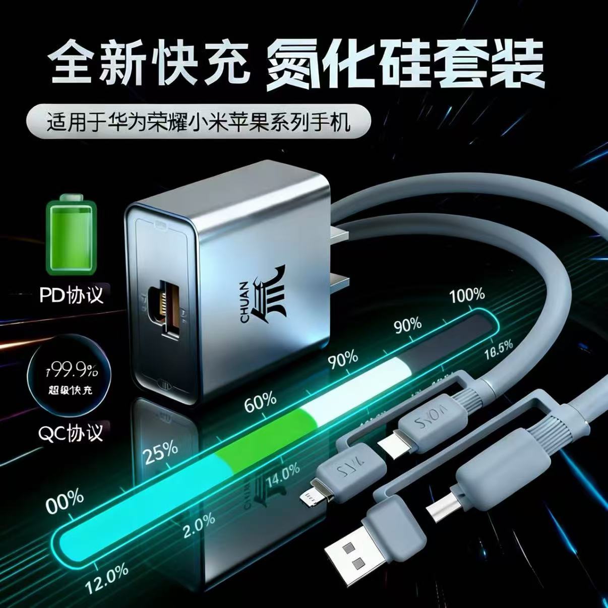 超级快充双口充电头四合一数据线适用于苹果安卓华为平板笔记本