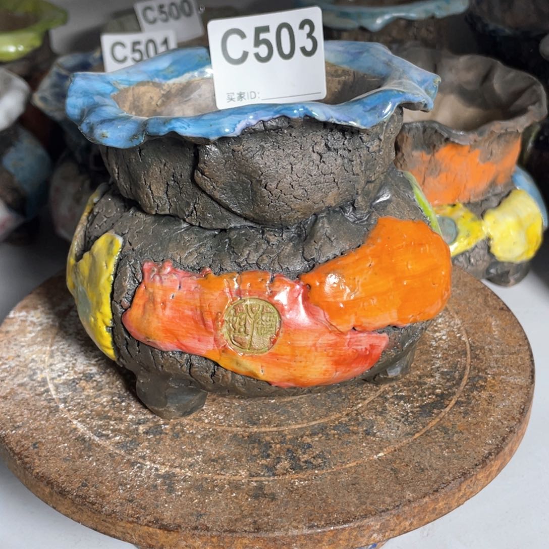 紫砂花盆老版油画山石孤品 外口11