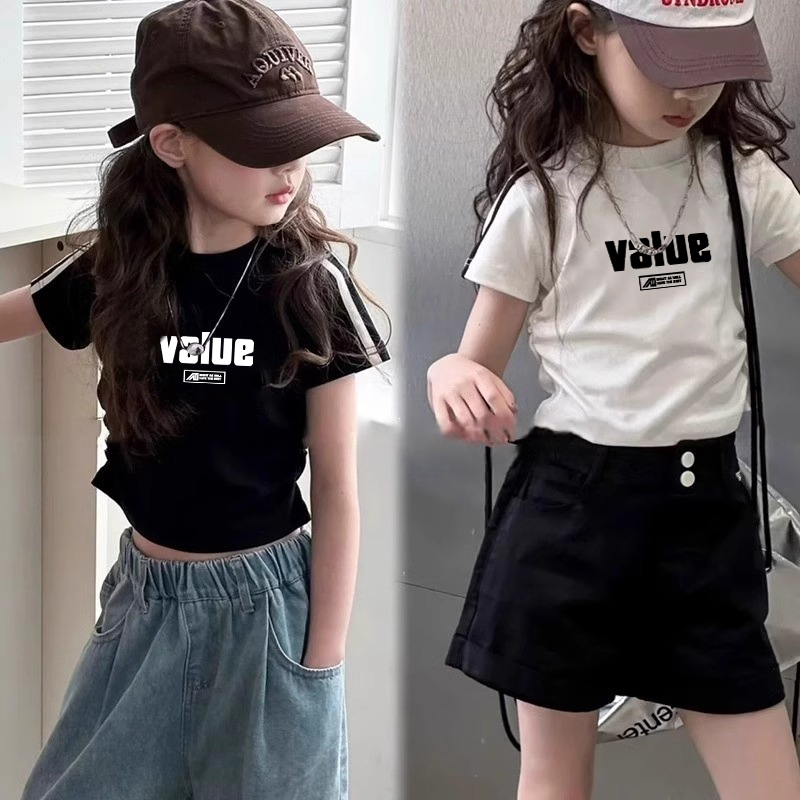 女童短款修身T恤夏季新款韩版童装小女孩字母短袖儿童洋气上衣