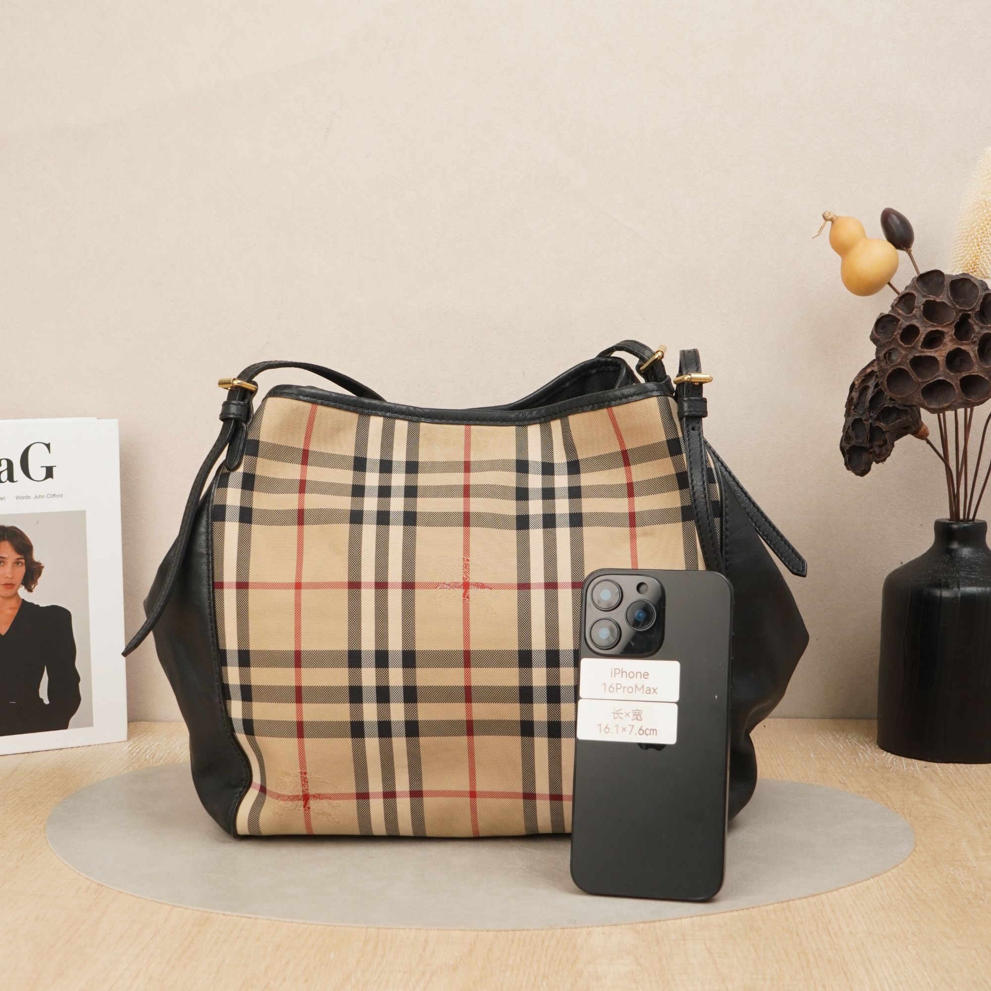 95新 BURBERRY/博柏利 中古托特包格纹帆布拼皮/双肩带/DS047879