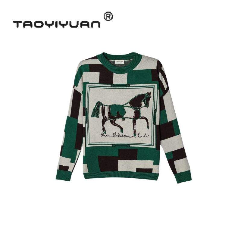 【宠粉专属】重工镶钻方块小马针织衫上衣宽松显瘦毛衣长袖套头圆