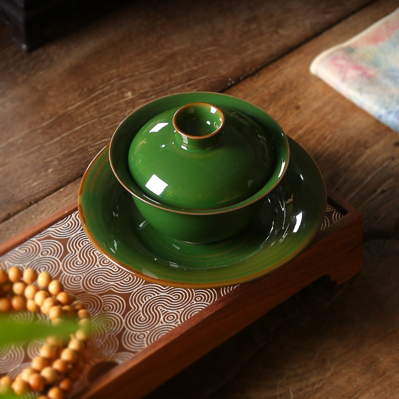 庄垂仁郎绿元宝二才盖碗绿色泡茶碗功夫茶具女性防烫精致高端喝茶
