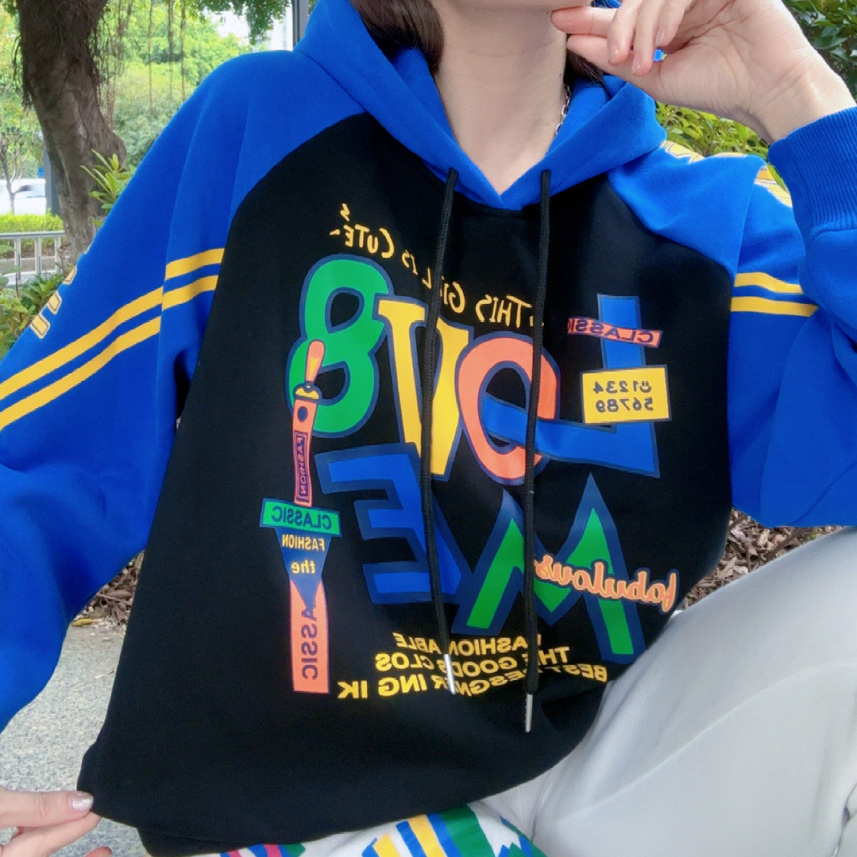 《韩家》秋冬加绒【719】潮牌帽衫百搭印花设计潮流宽松休闲卫衣ins女