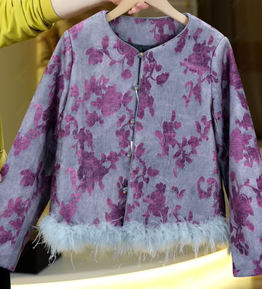 若离《非遗美学》973国风缎面克丝提花盘扣夹棉外套