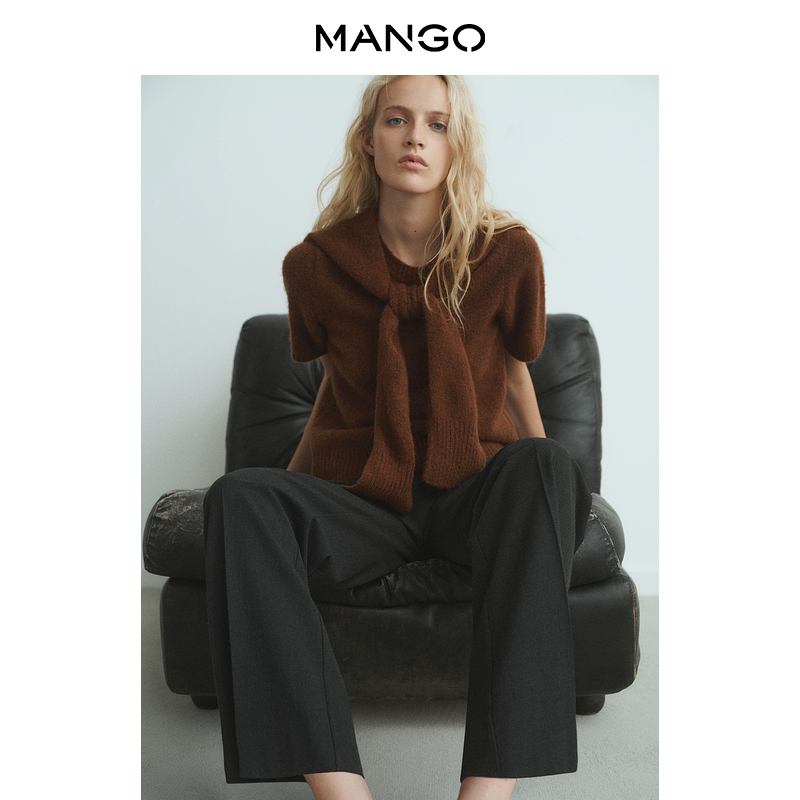 MANGO女装毛针织衫2025秋装新款直筒圆领披肩拼接软糯短袖毛衣
