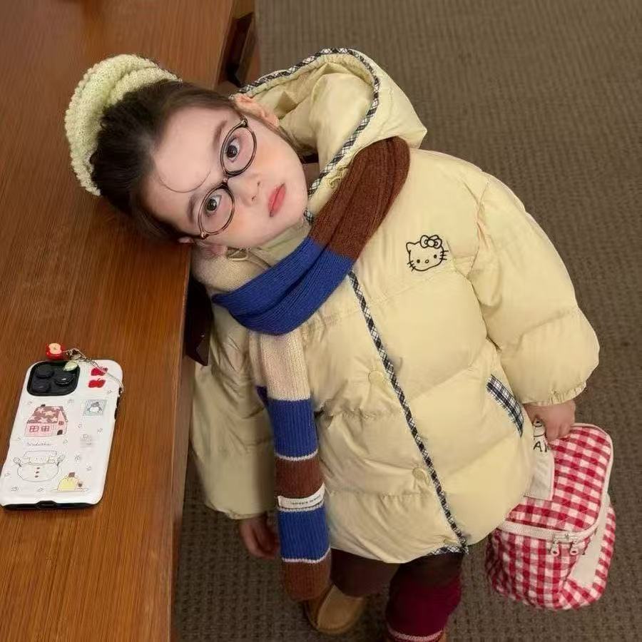 童装2025冬季新款女童小童韩系KT猫格子边连帽棉服外套洋气棉袄