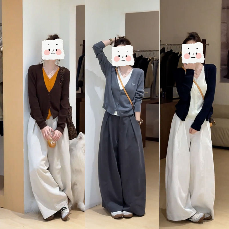 秋季新款减龄时尚套装女撞色假两件针织上衣显瘦阔腿裤百搭两件套