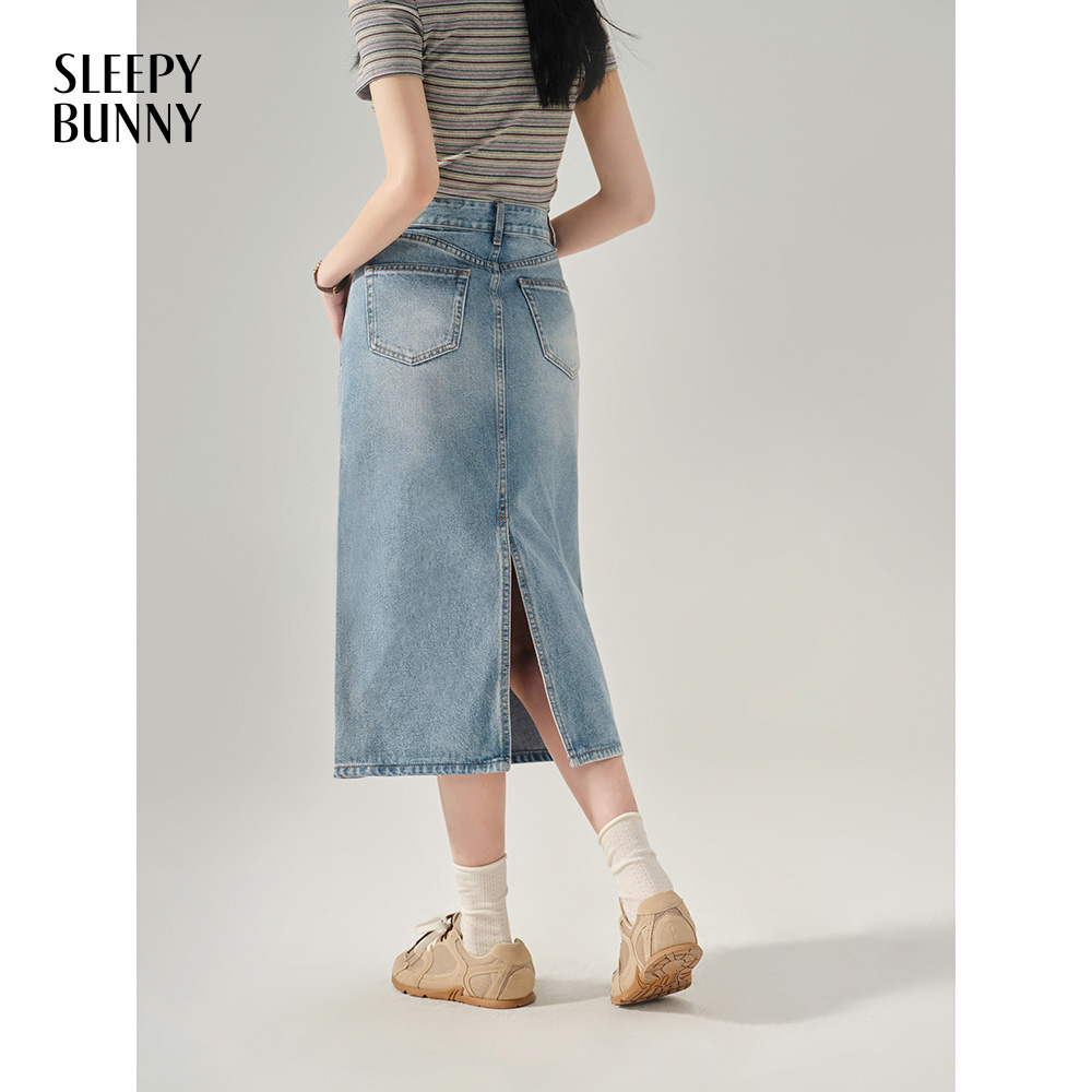 I瞌睡兔【清苍】复古水洗牛仔半身裙女秋季显瘦直筒开衩裙子243279