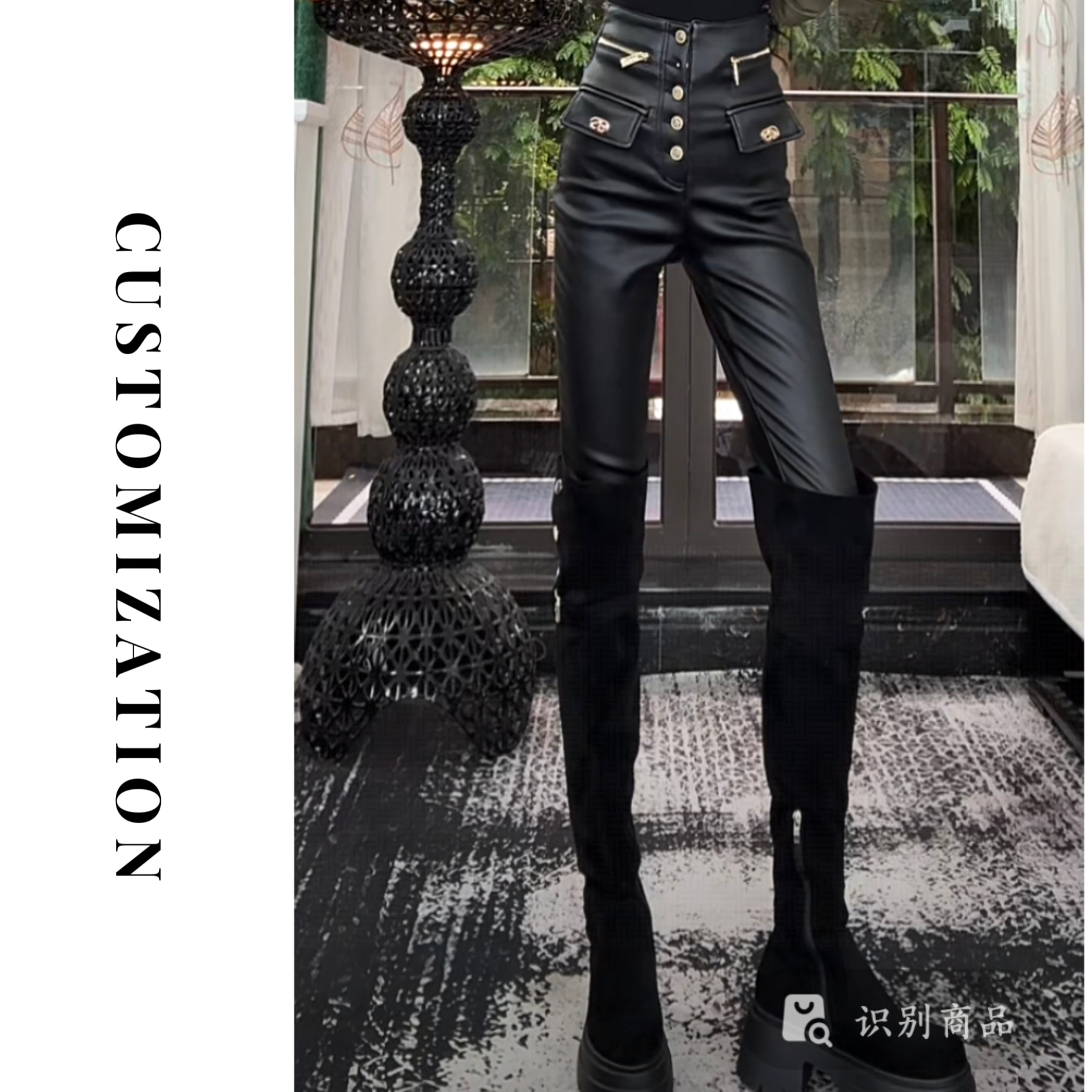 兰兰2025冬款皮长裤带竖排扣休闲百搭直筒加绒加厚长裤皮长裤9828