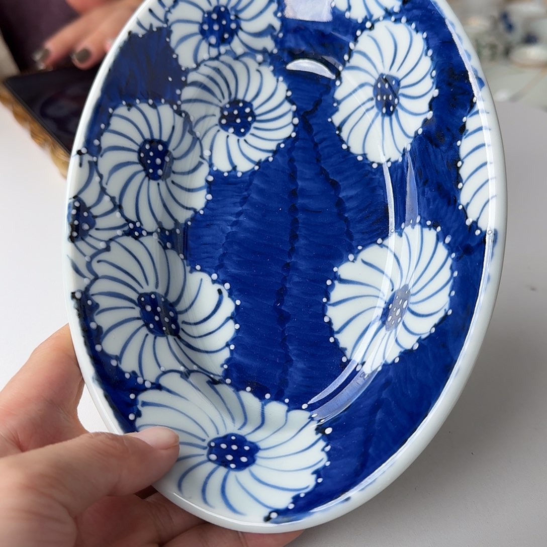 瓷片伊万里烧手绘蓝色花朵20.5椭圆盘