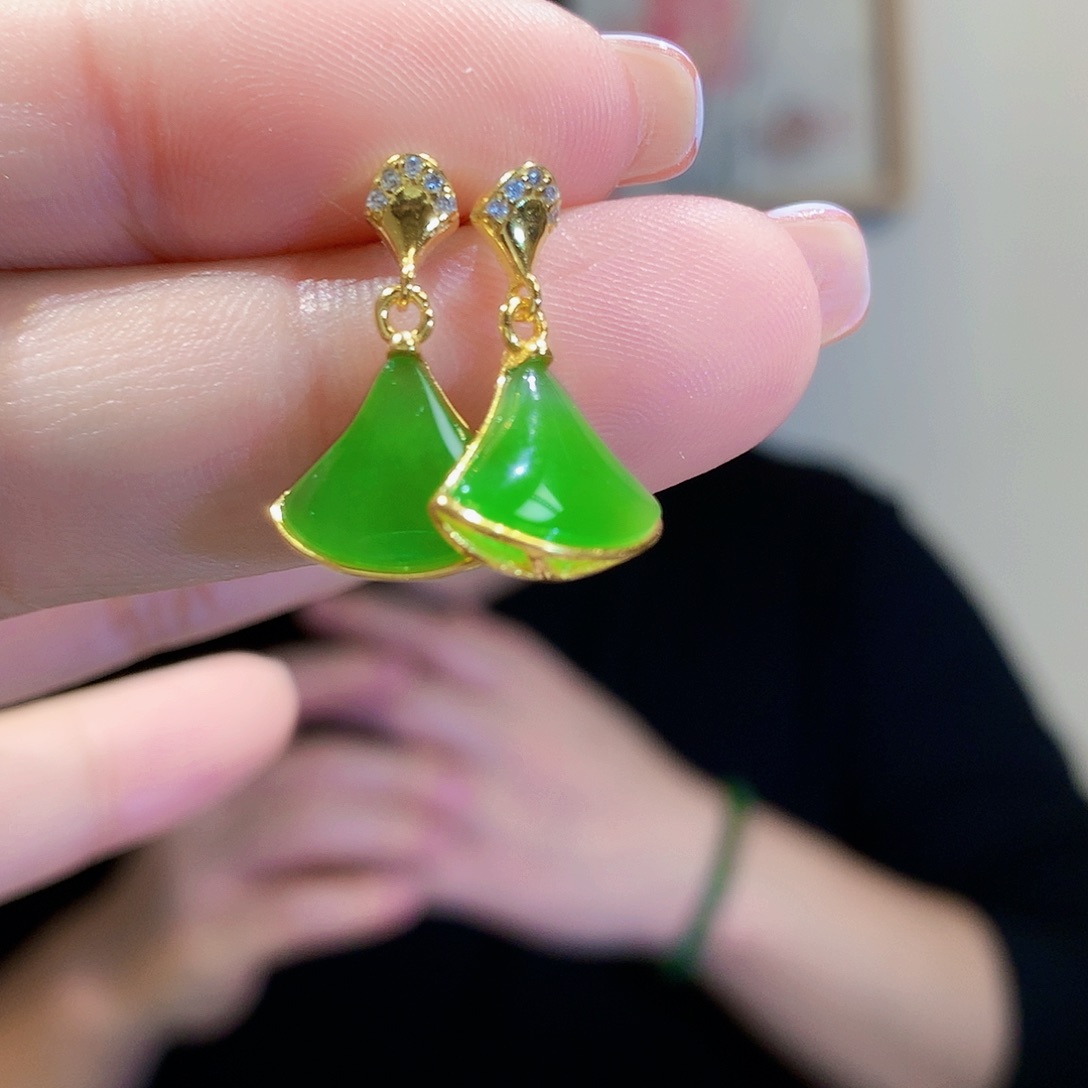 和田玉（碧玉）耳饰银S925镀金镶嵌