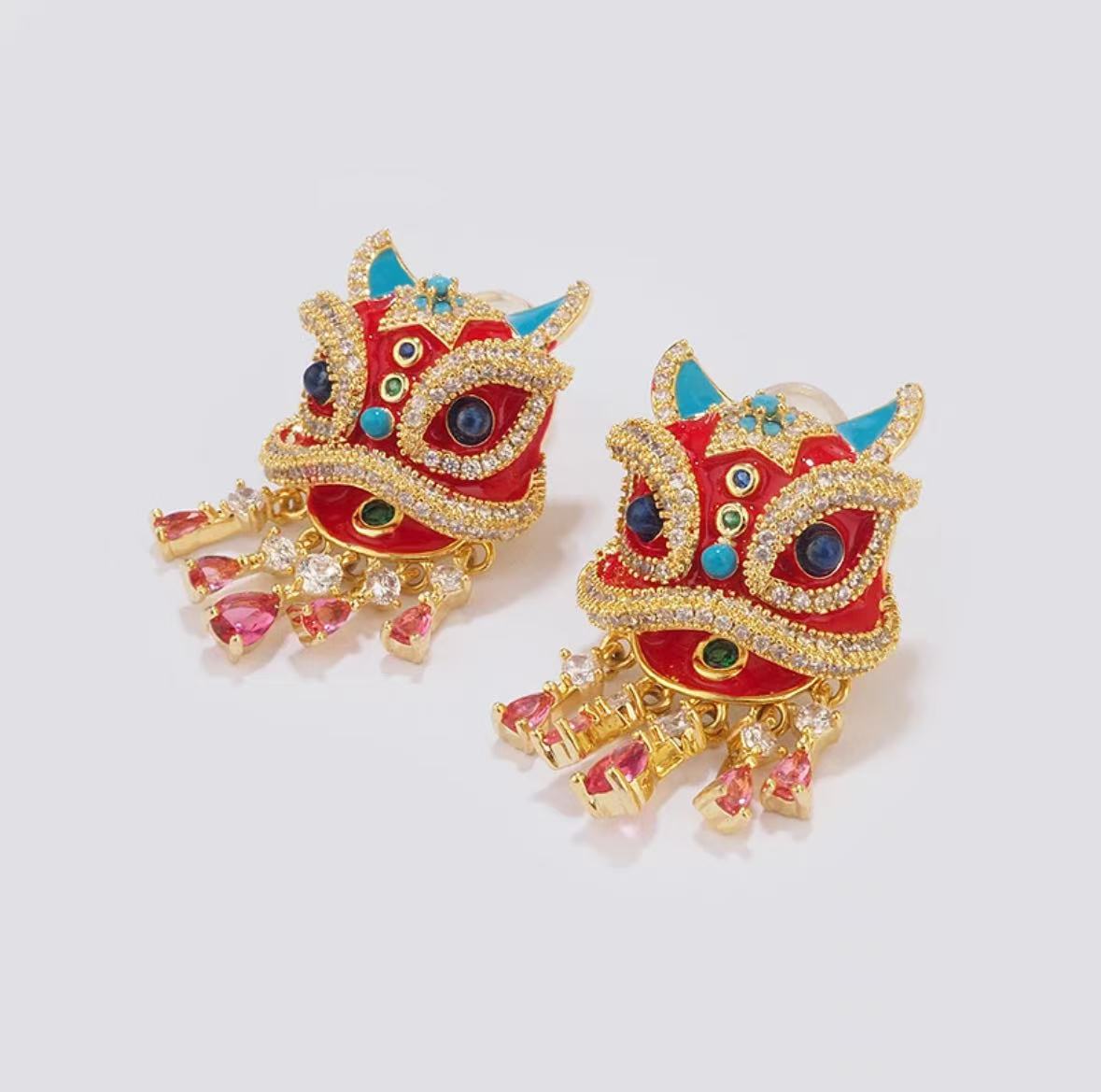 铜合金耳饰  新年国风醒狮耳钉女小众轻奢 S925 银针