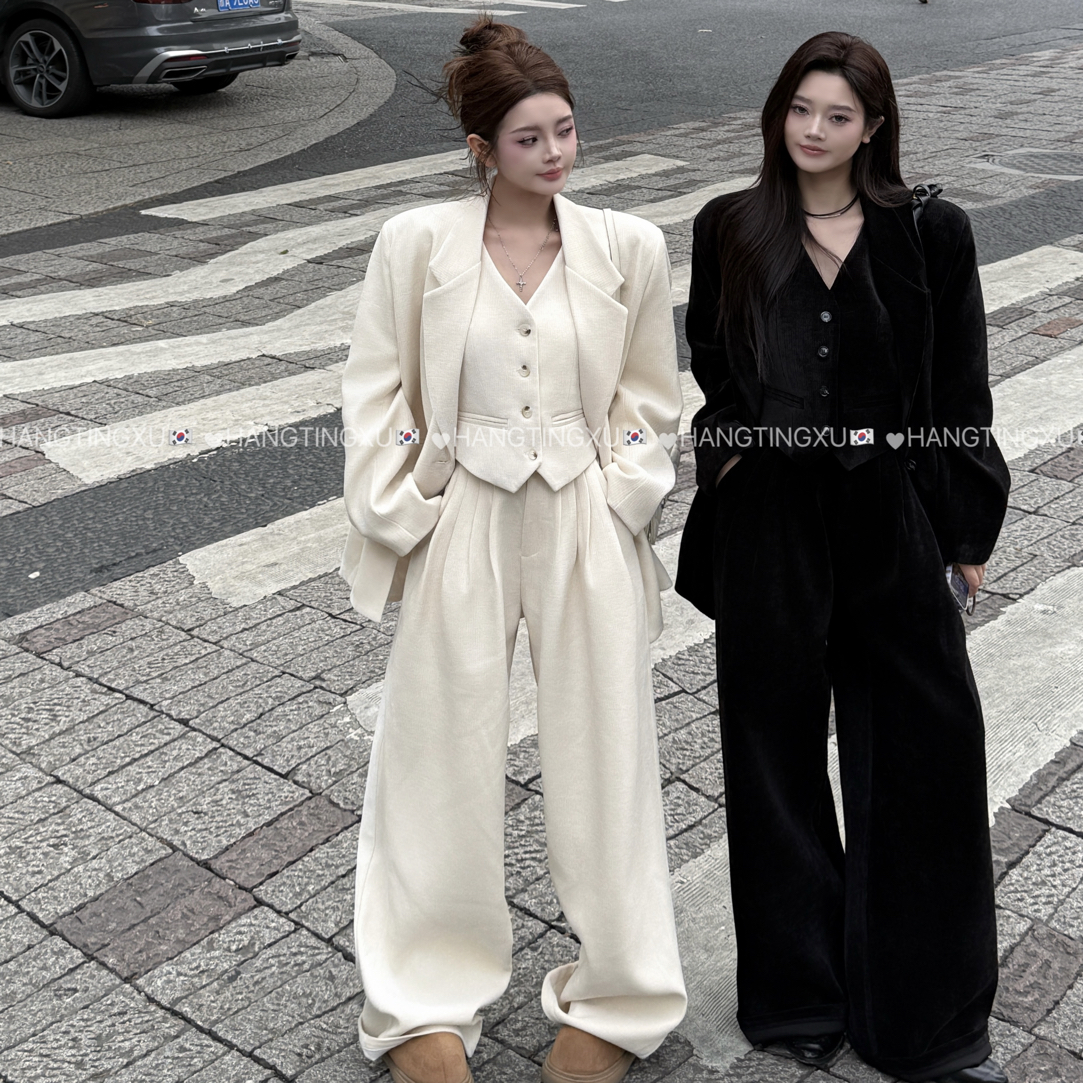 【满眼星河】韩版小众设计款宽松灯芯绒外套+马甲+高腰阔腿裤套装
