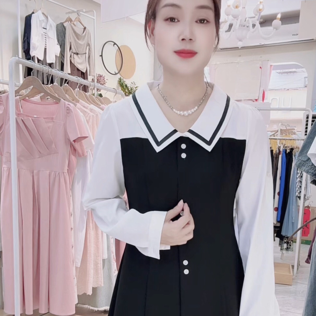 长袖拼接中长款收腰显瘦连衣裙时尚减龄适合小个子