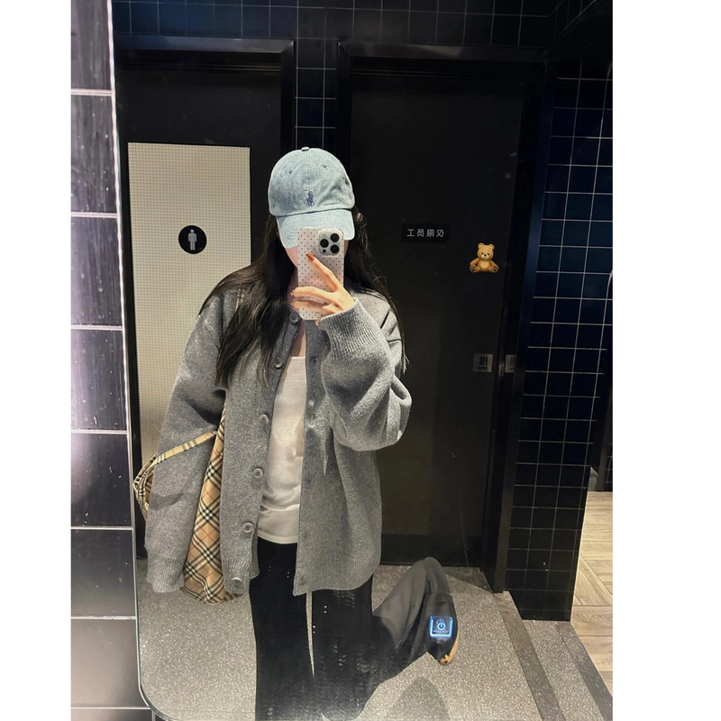韩系chic秋季高级感慵懒风灰色毛衣开衫针织衫上衣女宽松复古外套