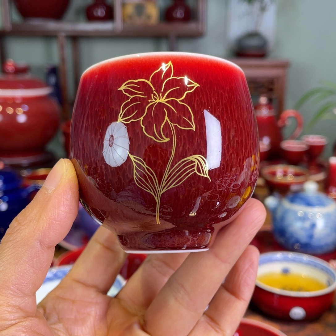 清欢雅玩原矿郎红描金龙蛋杯