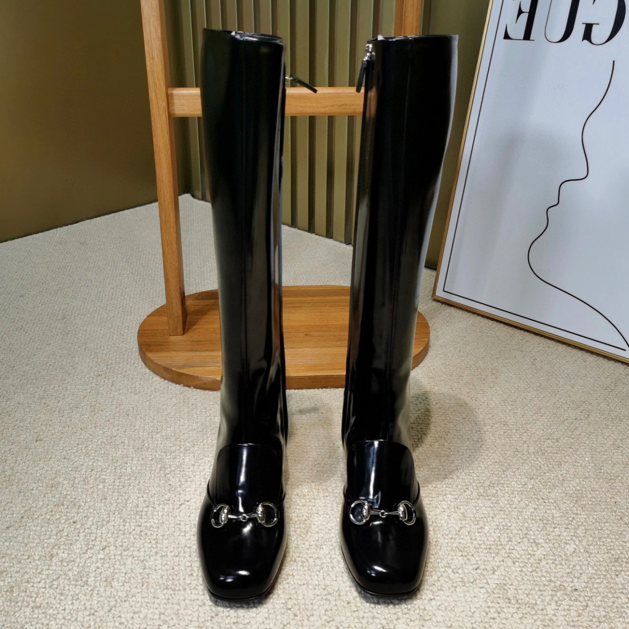 未使用 GUCCI/古驰 全新 古驰黑色长筒靴 漆皮 银色马衔扣 36.5码