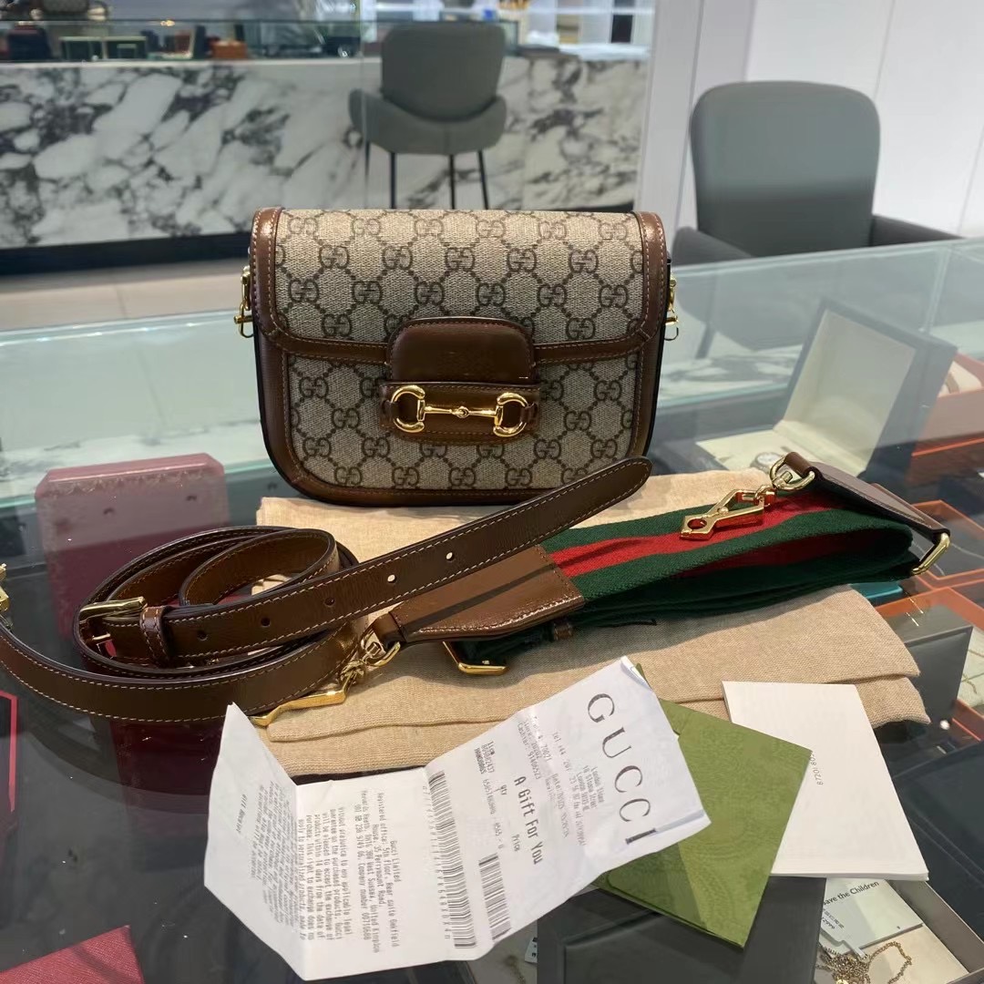 99新 GUCCI/古驰 1955小号马鞍包棕色马衔扣单肩斜挎包