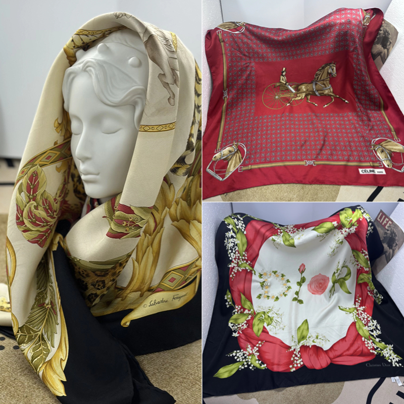 日本中古着 vintage（收藏版）牌牌真丝方巾 围巾头巾披肩