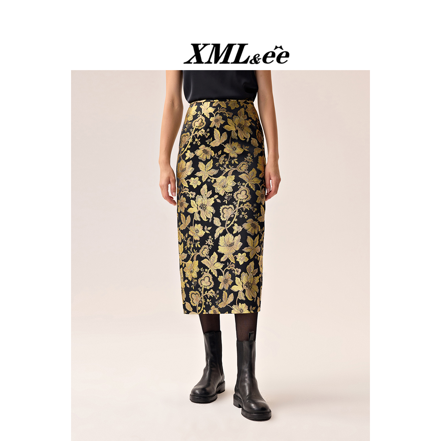 XMLee艾米尔 黑金色国风刺绣印花醋酸高腰时尚半身裙 X433Q5082