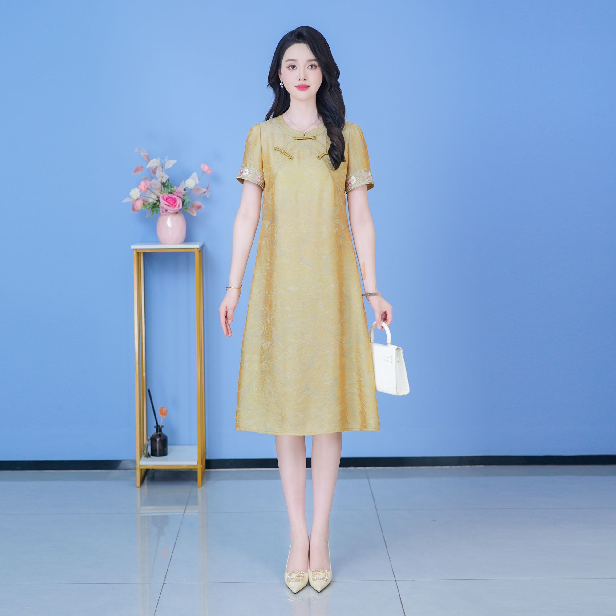 【SJYH2082】2025年夏季新款连衣裙中长款气质收腰印花修身女装
