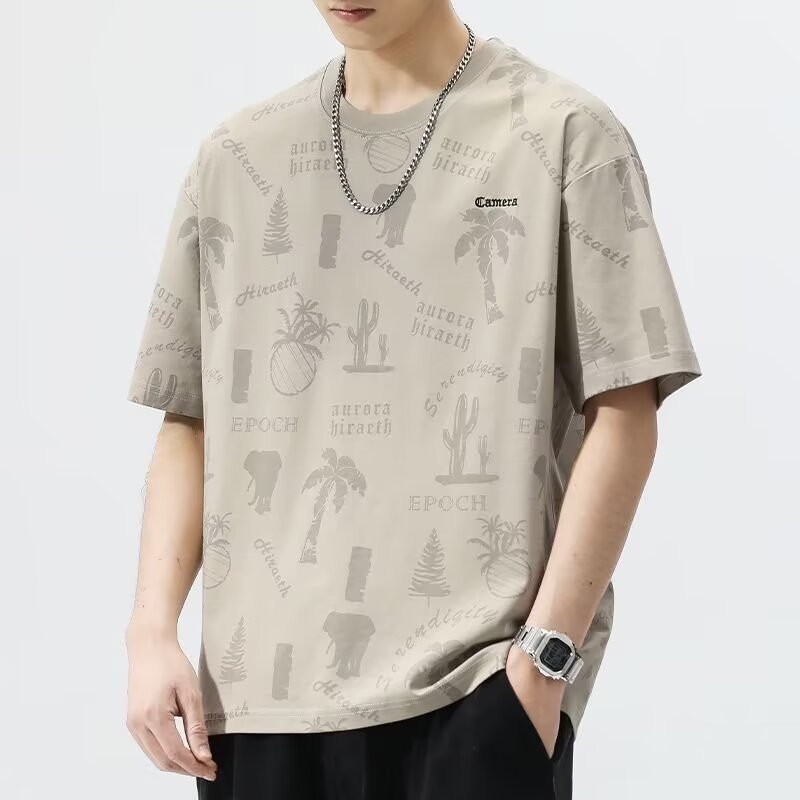 圆领短袖T恤男夏季2025新款潮流百搭冰丝速干印花宽松休闲体恤衫