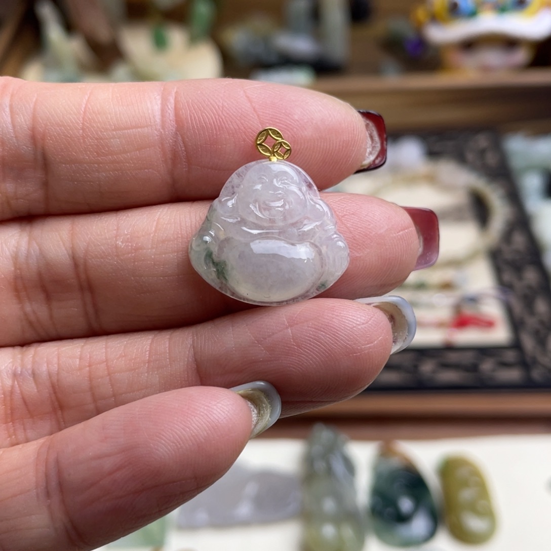 翡翠挂件18K金镶嵌飘花佛公