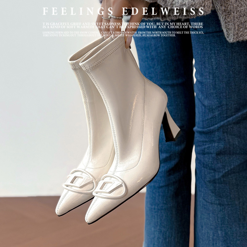 高跟尖头胶粘漆皮法式短筒弹力靴秋冬弹力百搭女靴气质白色时尚