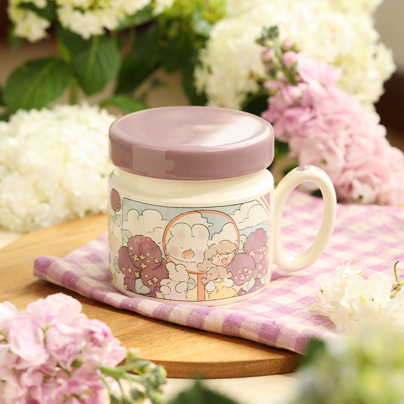 阿满联名 治愈系 陶瓷可爱喝水杯马克杯早餐杯茶杯带盖