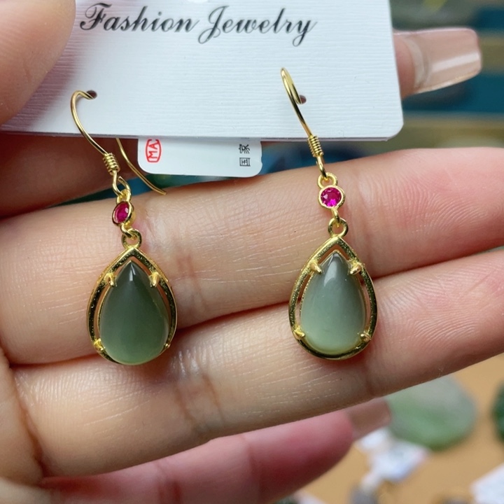 和田玉耳钉银S925镶嵌