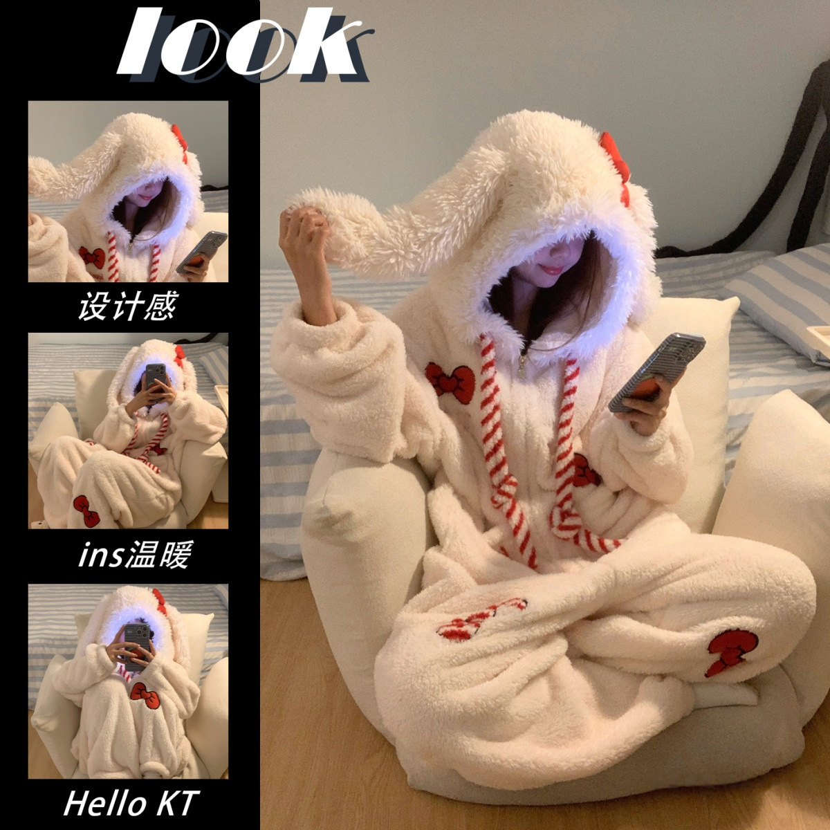 甜美可爱蝴蝶结兔子连体睡衣女冬季新款加绒加厚珊瑚绒大码家居服